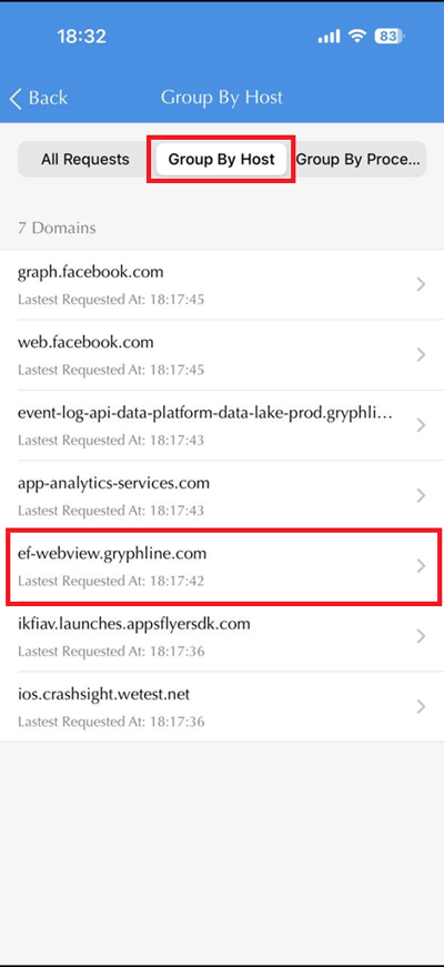 Stream app showing grouped host list; user selecting gmserver-api.aki-game2.net to locate summon history request in Endfield