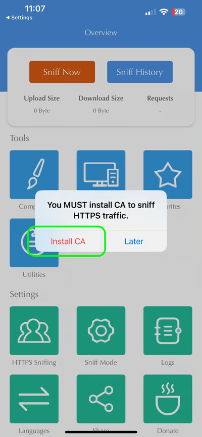 CA installation prompt in Stream Network Debug Tool on iPhone required to sniff HTTPS traffic for summon history tracking