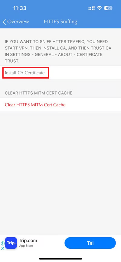 HTTPS Sniffing settings screen in Stream app showing Install CA Certificate option on iPhone
