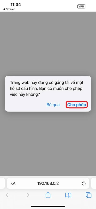 Safari prompt asking permission to download configuration profile during CA installation in Stream app on iPhone