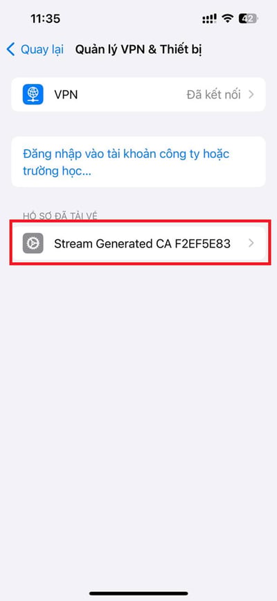 iPhone settings showing downloaded Stream Generated CA profile under VPN & Device Management