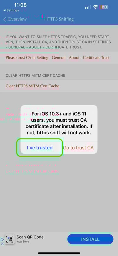 Confirmation popup in Stream app asking user to verify they’ve trusted the CA certificate in iPhone settings