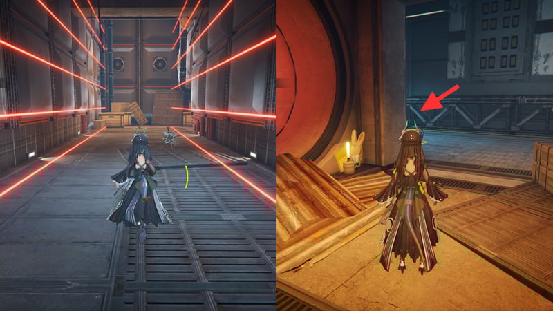 Phía trước là đoạn dây để lên trên, đoạn đường tới đó sẽ có hai luồng laser ép vào giữa, phía trên chính là vị trí của rương thưởng đầu tiên