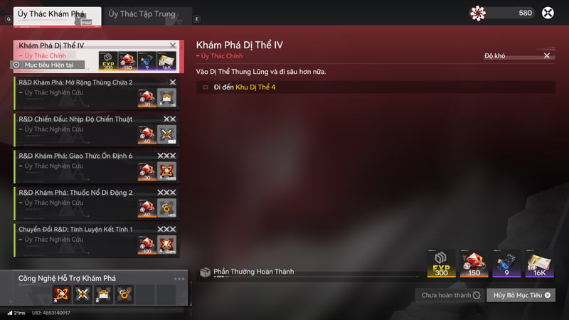 Danh sách các nhiệm vụ