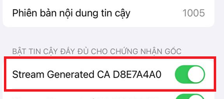 iPhone Certificate Trust Settings with Stream Generated CA toggle enabled to allow HTTPS sniffing