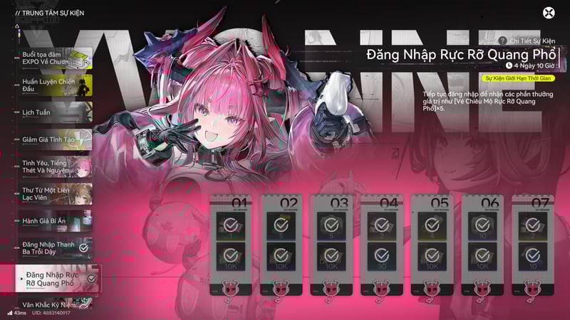 Giao diện sự kiện Điểm Danh Hạn Giờ Rực Rỡ Quang Phổ trong Arknights Endfield